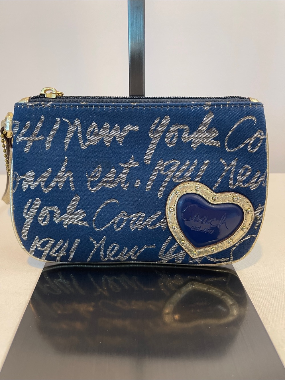 Coach Blue Script Heart Wristlet